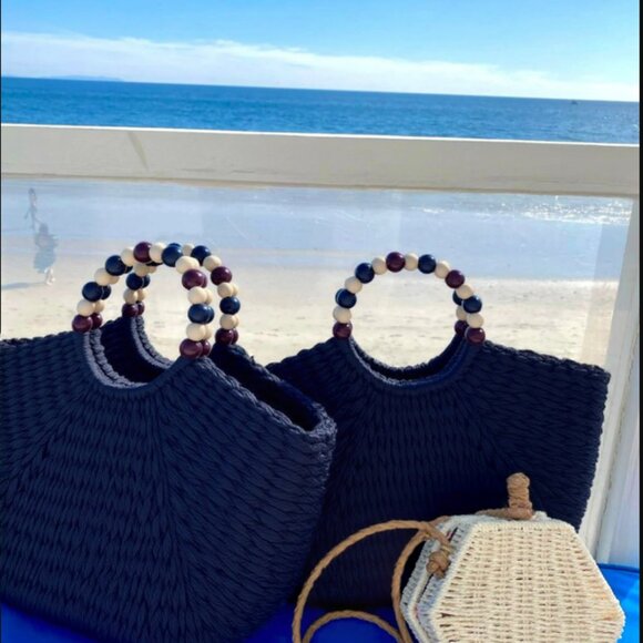 Handmade Woven Straw Bag with Wooden Bead Handles | Vacation Beach Bag| Gift - Picture 7 of 10